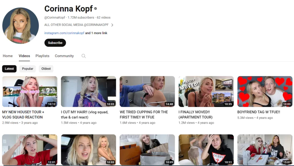 Corinna Kopf YouTube channel screenshot