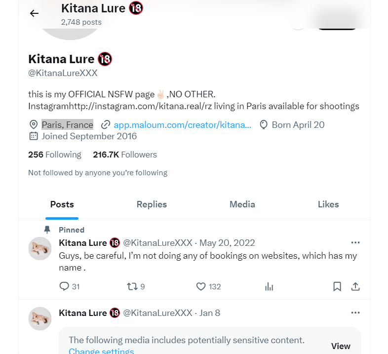 Kitana Lure Twitter account
