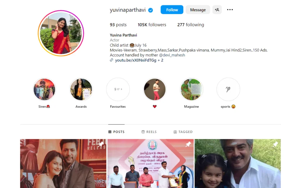 Yuvina Parthavi Instagram